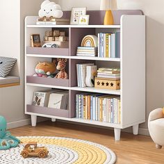 a child's room with toys and bookshelves on the shelves in it