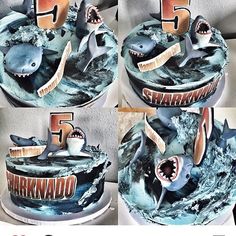 there are three cakes decorated to look like sharks with the number five on them and one shark has it's mouth open