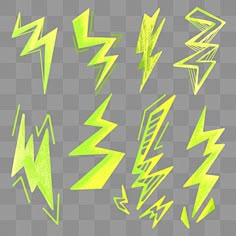 neon green lightning bolt stickers on a gray background, with different shapes and sizes