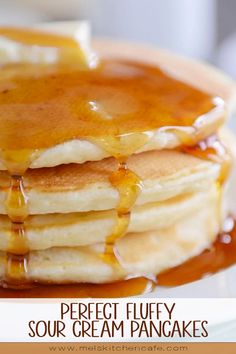 a stack of pancakes covered in syrup on a plate