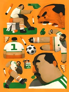 an image of a collage of different sports related items and people on orange background