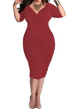 POSESHE Womens Plus Size Deep V Neck Wrap Ruched Waisted Bodycon Dress POSESHE Plus Size Christmas Dresses, Midi Club Dress, Ruched Waist Dress, Very Short Dress, Bodycon Party Dress, Party Dress Long Sleeve, Rockabilly Dress, Cap Dress, Bodycon Dress Parties