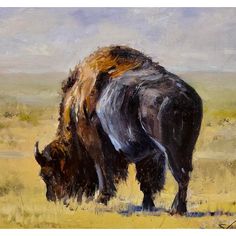 an oil painting of a bison grazing on grass