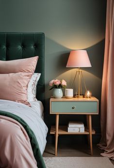 a bedroom with a green headboard and pink bedding