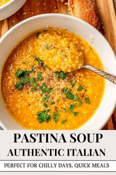 pasta soup in a white bowl with bread on the side and text overlay reads pasta soup authentic italian perfect for chilly days, quick meals