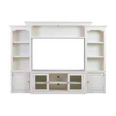 a white entertainment center with two shelves and a flat screen tv