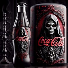 a bottle with a skeleton on it next to a canister filled with coca - cola