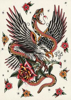 a tattoo design with an eagle and snake on it's wings, surrounded by flowers