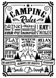 a black and white poster with the words camping rules written in different font styles on it