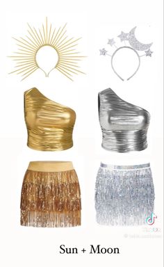 the sun and moon costume is shown in gold, silver, and silver colors with fringes