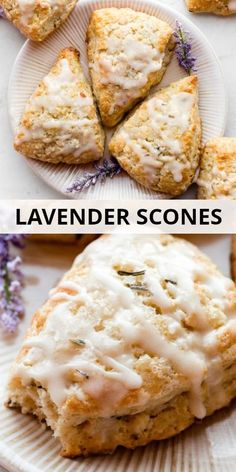 lavender scones with white icing on a plate