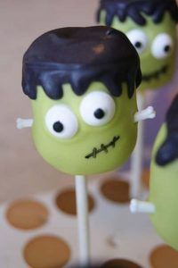 some green and black cake pops with googly eyes