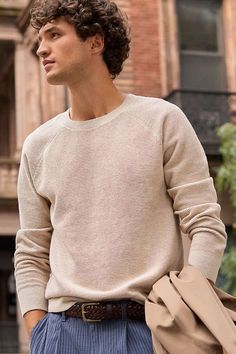 Men's Tan Long Sleeve Cotton Cashmere Waffle Sweater | Lands' End