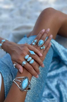 This Larimar triple stone sterling silver ring is a unique style. Larimar is a rare stone mined only in the Dominican Republic where it was thought to be from the Lost City of Atlantis. It comes from a volcanic deposit on the island. The discoverer of this stone named it for his daughter, Larissa, and mar meaning "sea" in Spanish. The soft blue color looks like the waters of the Caribbean Sea. Measurements: 1 5/8" x 1" Size 6 Most rings can be sized up 1 size. Rings can be sized down for an addi Larimar Ring, Unique Larimar Turquoise Ring As Gift, Unique Larimar Jewelry As A Gift, Handmade Unique Larimar Jewelry, Larimar Jewelry Rings, Unique Turquoise Larimar Gemstone Ring, Unique Turquoise Larimar Ring, Bohemian Silver Larimar Jewelry, Turquoise Larimar Ring In Silver