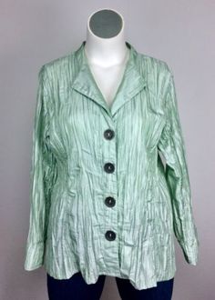 Julia-Kim-1X-Mint-Seafoam-Green-Crinkle-Wrinkle-Blazer-Jacket-Buttons-Plus-Size Dress Jeans, Jeans Skirt, Silver Buttons, Seafoam Green, Jacket Buttons, Lightweight Jacket, Looks Great, Layering