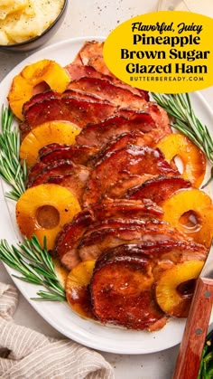 pineapple brown sugar glazed ham on a white plate