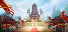 an artistic painting of a chinese temple