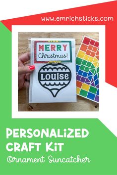 the personalized craft kit for christmas is on display in front of a green and red background