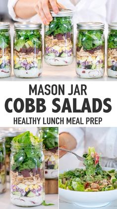 mason jar cobb salads with healthy lunch meal prepped in jars and ready to be eaten