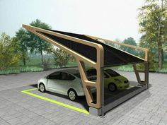 a car is parked under a solar powered shelter