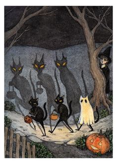 an image of halloween scene with cats and pumpkins