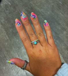 Fun Nail Inspo Almond, Groovy Summer Nails, Groovy Dip Nails, Pastel Groovy Nails, Groovy Nail Designs, Colorful Groovy Nails, Short Psychadelic Nails, Evil Eye Nails