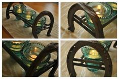 four different shots of a table with candles in the center and on wheels attached to it