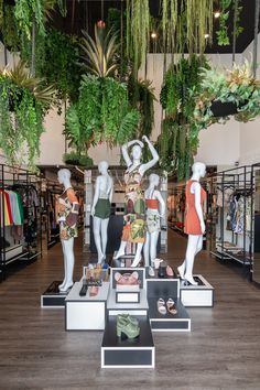 several mannequins are on display in a store with plants hanging from the ceiling