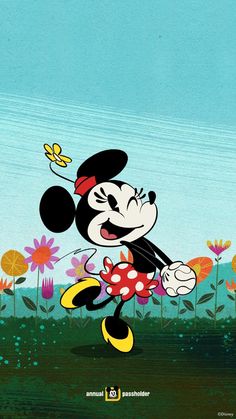 the mickey mouse cartoon character is running in front of flowers and butterflies on a blue sky background