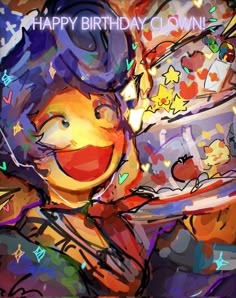 an artistic painting of a clown holding a birthday cake