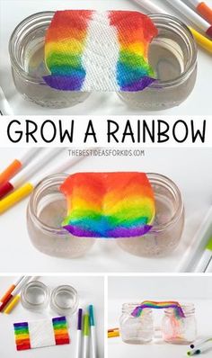 a collage of rainbow crafts with text overlay that reads, grow a rainbow