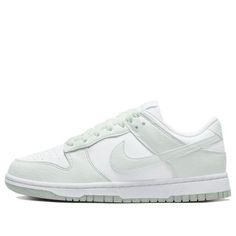 The Nike WMNS Dunk Low Next Nature 'White Mint' offers a modern twist on a classic silhouette. The model is composed of 50% recycled materials, ensuring a more sustainable way to wear your favourite Dunks. The upper combines a powerful palette of white and Mint shades, forming an unforgettable two-tone design that honours some of Nike’s thinnest classic models. Finished with matching soles and woven tongue labels, this shoe is perfect for those looking to make a statement while respecting the environment. Experience the class and sustainability of the enduring Dunk proof in the Nike WMNS Dunk Low Next Nature 'White Mint'. (SNKR/Skate/Light/Low Top/Women's/Non-Slip) Nike Dunk Low Next Nature, Dunk Lows, Preppy Shoes, Baskets Nike, Nike Models, Cute Nike Shoes, Nike Dunk High, Cute Nikes, Air Jordan 3