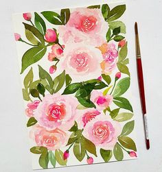 a watercolor painting of pink roses and green leaves on a white background with a red brush