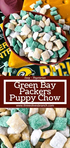 green bay packers puppy chow is shown in this collage with the words green bay packers puppy chow