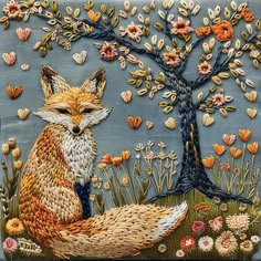 a painting of a fox sitting in the grass next to a tree with flowers on it