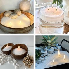 four different pictures with candles, rocks and succulents