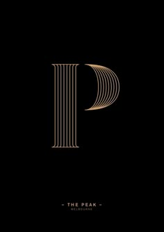 the letter p is made up of lines and curves in gold on a black background