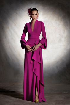 HerTrove - Side ruffled crepe dress V Neck Long Sleeve Evening Dress, Luxury Evening Dress For Formal Fall Events, Luxury V-neck Mother Of The Bride Dress For Gala, Luxury Silk Dress For Mother Of The Bride, Luxury V-neck Gown For Mother Of The Bride, Evening Dresses For Older Women Chic, Luxury Romantic Evening Dress For Fall, Luxury Women's 3/4 Sleeve Gown, Mother Of The Bride Dresses Bell Sleeve