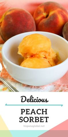 delicious peach sorbet is served in a white bowl on a colorful tablecloth