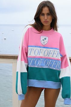 Don't call, don't text. Join our Out of Office posse in the official club crewneck. Fitted with retro stripes of pink, baby blue, and blue green, the OOO Club Sweatshirt features high quality, intricate embroidery and an oversized fit. OUT OF OFFICE embroidered design across chest DON'T CALL, DON'T TEXT ribbon design a Club Sweatshirts, Yellow Sweatshirt, Retro Stripes, Ribbon Design, Pullover Designs, Pink Sweatshirt, Oversized Sweatshirt, Embroidered Design, Recycled Fabric