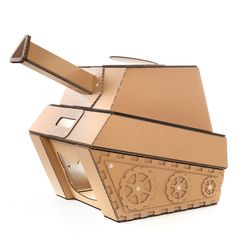 an open cardboard box shaped like a tank