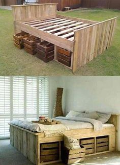 the bed is made out of pallets and has drawers on each side for storage