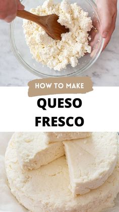 Two photos of queso fresco preparation in a collage with text overlay. Homemade Queso Cheese, Soft Cheese Recipes Ideas, Homemade Cheese Recipes Cheesemaking, Cheese Curds Recipe How To Make, How To Make Provolone Cheese, Caso Fresco Recipes, Sour Milk Cheese, How To Make Queso Fresco, Make Your Own Cheese