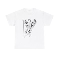 a white t - shirt with an angel holding a spear and standing on one leg