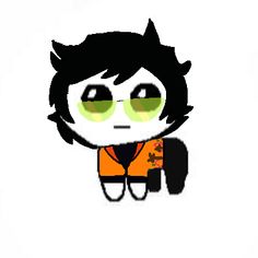 an animated character with green eyes and black hair, wearing orange shirt on white background