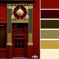 an image of a red building with gold decorations on the front and side door colors