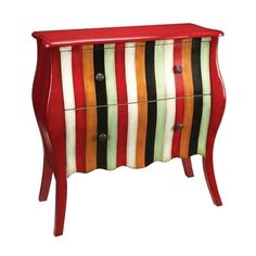 a red and white striped chest with two drawers on one side, and an orange stripe design on the other