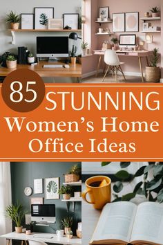 a woman's home office with an open book on the desk and plants in pots