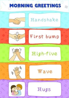 a poster with words and pictures on it that say morning greetings, handshake, first bump, high - five wave, hugs