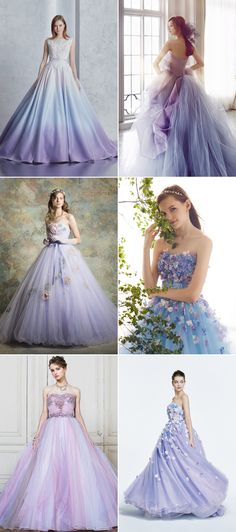 four different dresses with flowers on them and one in blue, purple and white colors